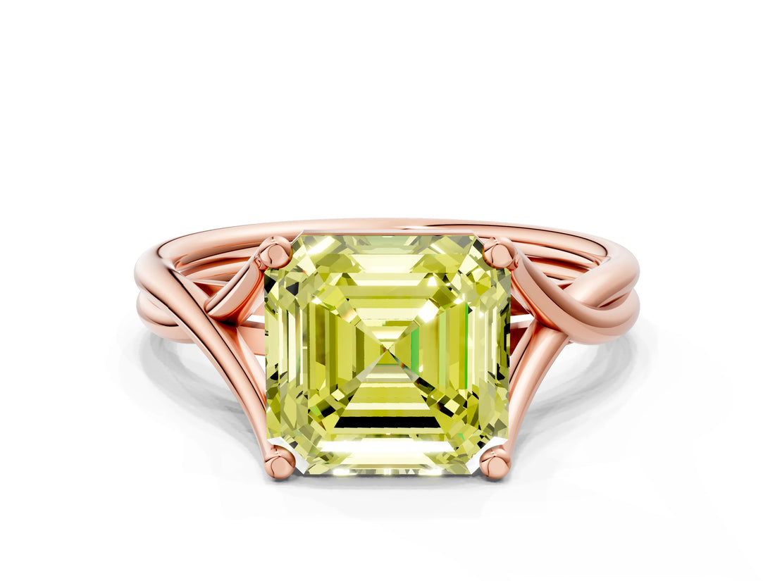 Rose gold Fancy Yellow Asscher Cut Diamond Solitaire Twist Band Prong Setting Ring_43