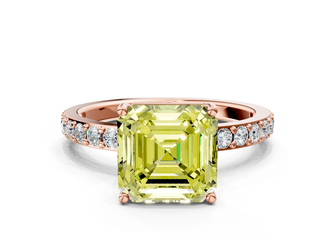 Rose gold Fancy Yellow Asscher  Cut Diamond Solitaire with Pave Band and Four-Prong Setting 2