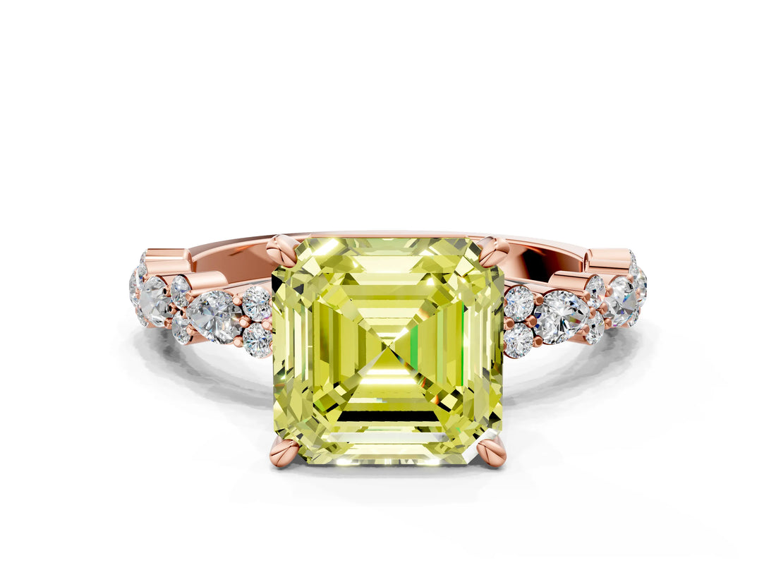 Rose gold Fancy Yellow Asscher Cut Diamond Solitaire with Side Stones, Pave Band, Four-Prong Setting_47