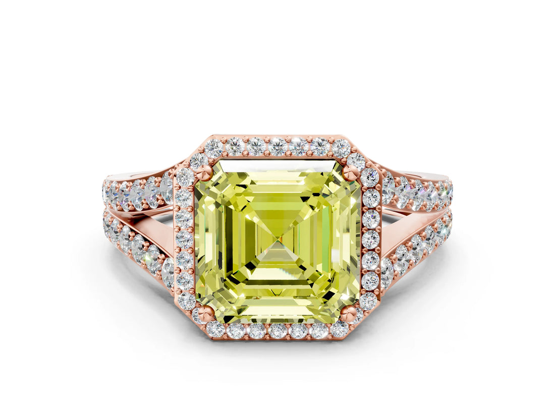 Rose gold Fancy Yellow Asscher Cut Diamond Split Shank Halo Ring with Four-Prong Setting_33