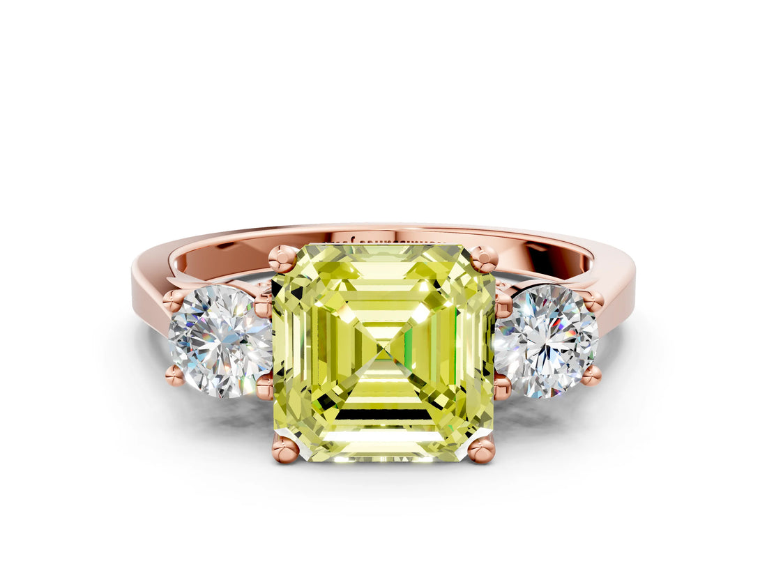 Rose gold Fancy Yellow Asscher Cut Diamond Three-Stone Engagement Ring with Prong Setting and Pavé Band