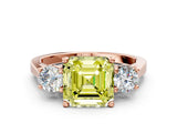 Rose gold Fancy Yellow Asscher Cut Diamond Three-Stone Engagement Ring with Prong Setting and Pavé Band
