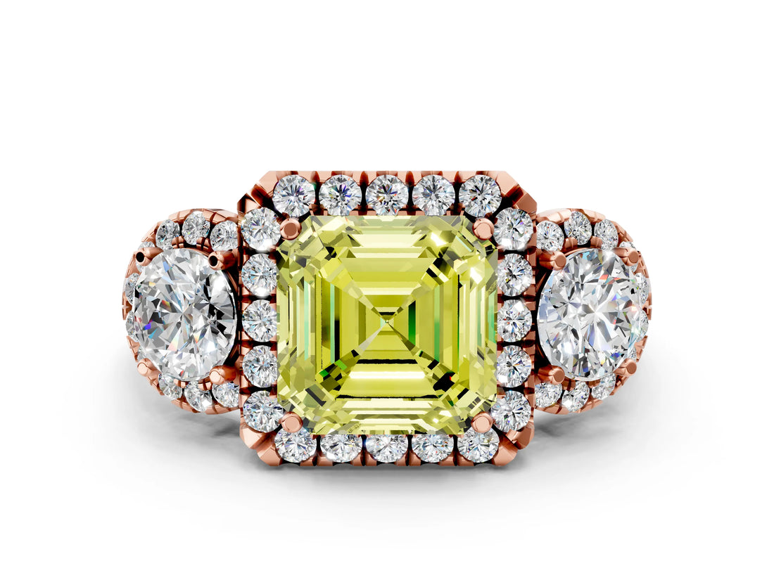 Rose gold Fancy Yellow Asscher Cut Diamond Three-Stone Halo Ring with Prong Setting and Pavé Accents