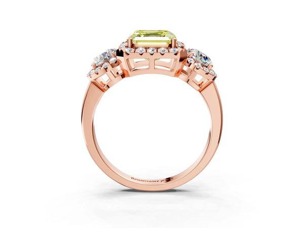 Rose Gold Asscher Cut Three Stone Halo Engagement Ring Setting for Fancy Yellow Center
