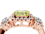 Rose gold Fancy Yellow Asscher Cut Diamond Three-Stone Halo Ring with Prong Setting and Pavé Accents_4