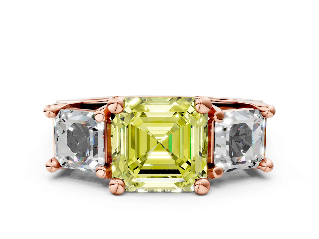 Rose gold Fancy Yellow Asscher Cut Diamond Three-Stone Ring with Channel Set Band and Four-Prong Setting_75