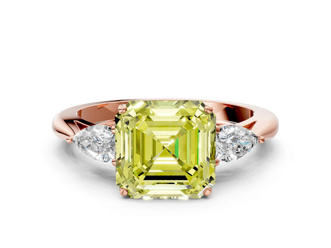 Rose gold Fancy Yellow Asscher Cut Diamond Three-Stone Ring with Pear Side Stones and Four-Prong Setting_80