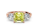Rose gold Fancy Yellow Asscher Cut Diamond Three-Stone Ring with Prong Setting and Pavé Band
