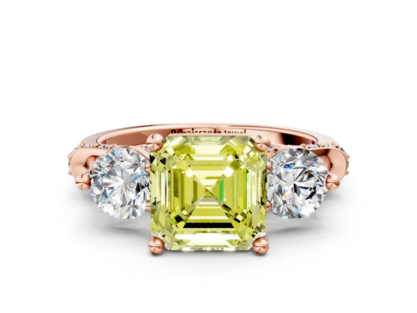 Rose Gold Asscher Cut Curved Pave Three Stone Engagement Ring Setting for Fancy Yellow Center