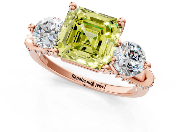 Rose Gold Asscher Cut Curved Pave Three Stone Engagement Ring Setting for Fancy Yellow Center