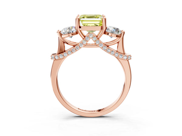 Rose Gold Asscher Cut Curved Pave Three Stone Engagement Ring Setting for Fancy Yellow Center