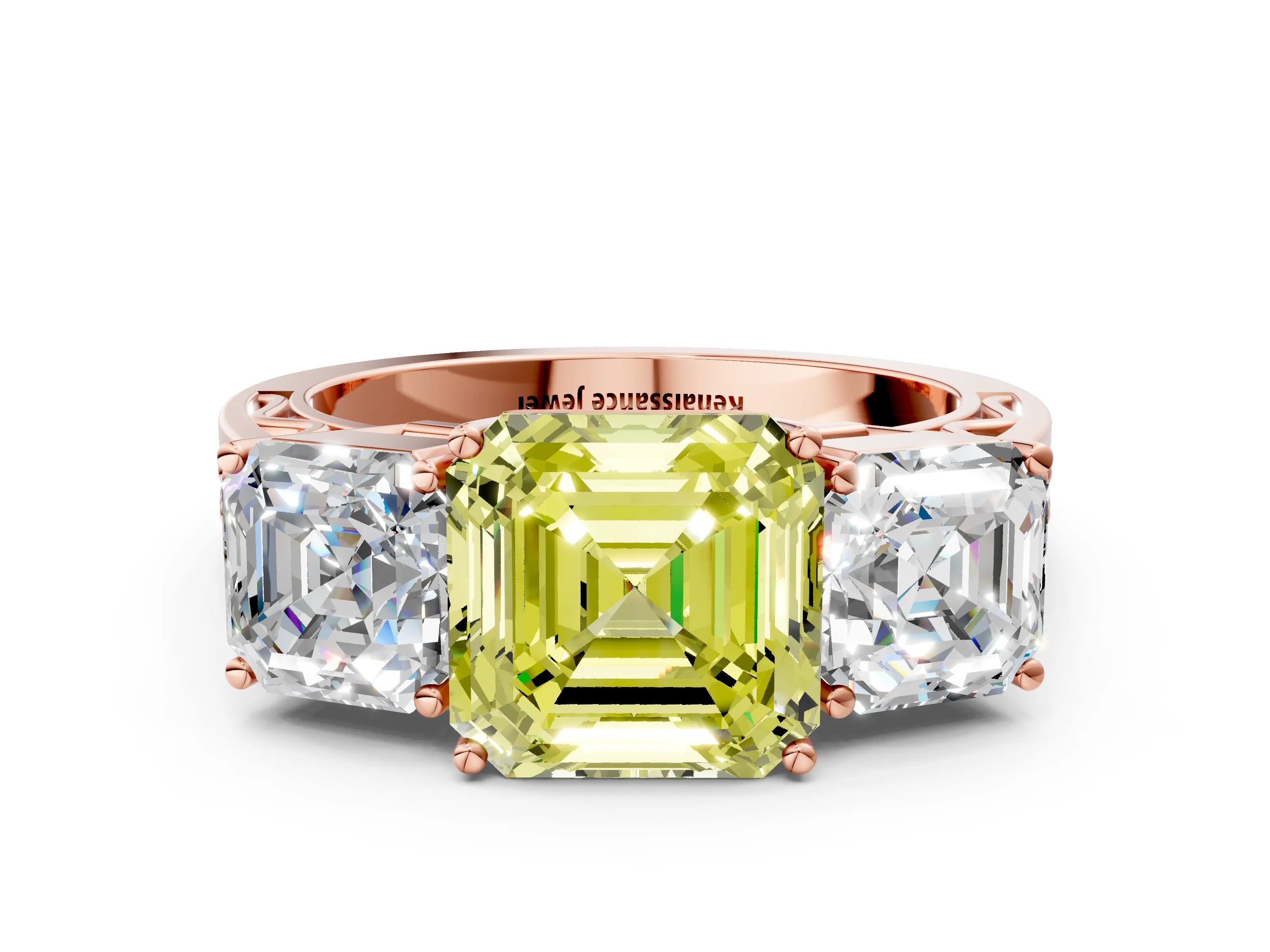 Rose gold Fancy Yellow Asscher Cut Diamond Three-Stone Ring with Prong Setting and Textured Band