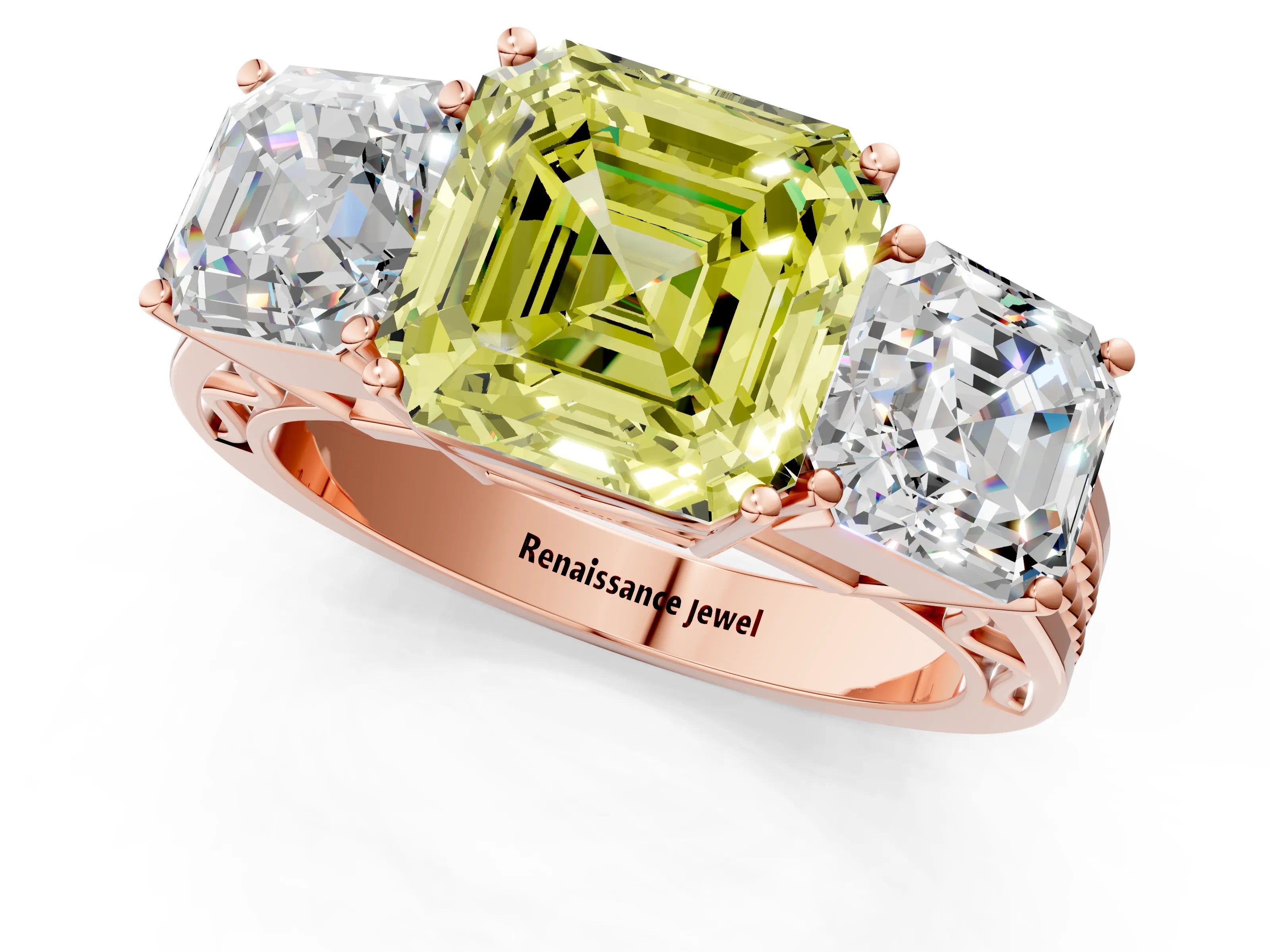 Rose gold Fancy Yellow Asscher Cut Diamond Three-Stone Ring with Prong Setting and Textured Band_1