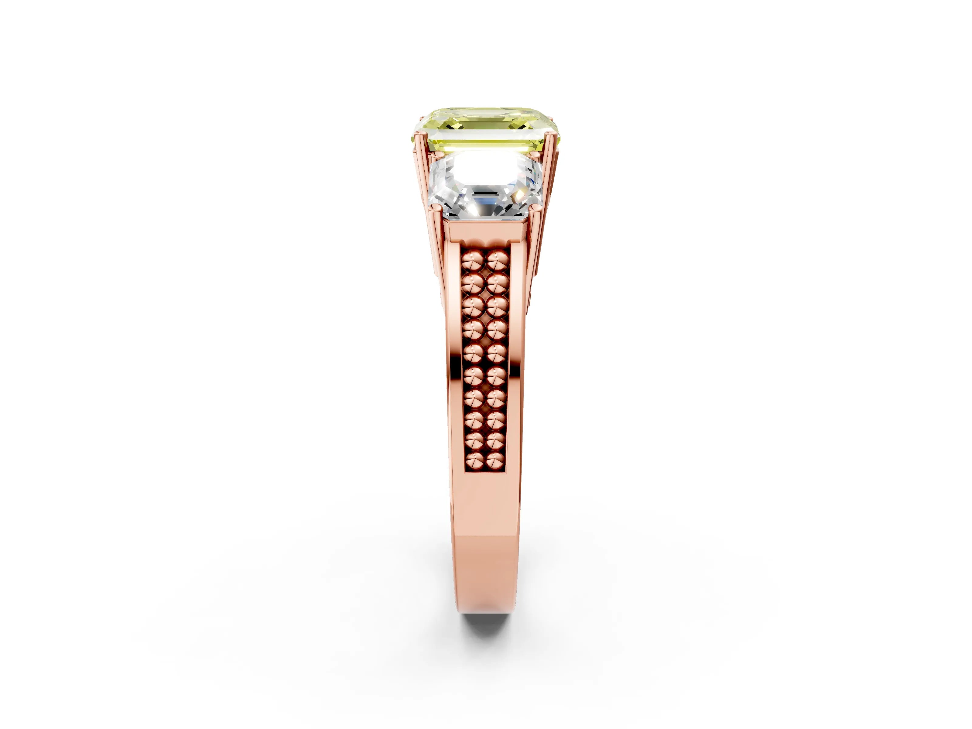 Rose gold Fancy Yellow Asscher Cut Diamond Three-Stone Ring with Prong Setting and Textured Band_2