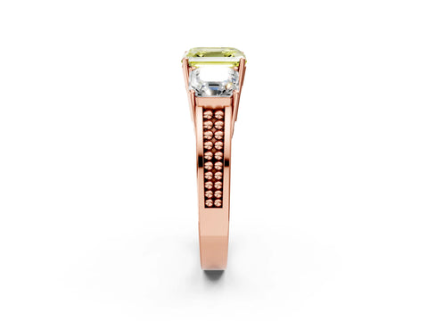 Rose gold Fancy Yellow Asscher Cut Diamond Three-Stone Ring with Prong Setting and Textured Band_2