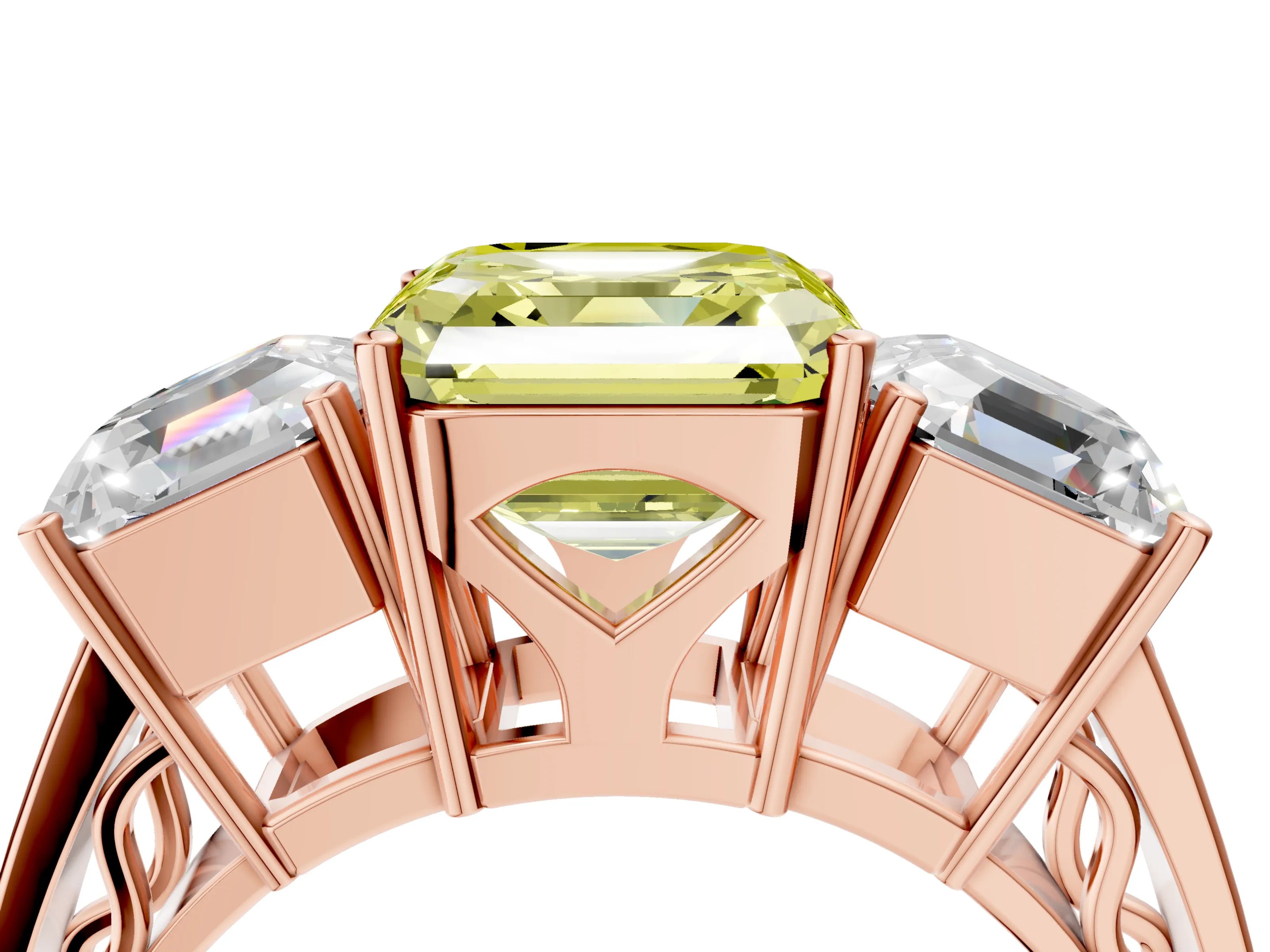 Rose gold Fancy Yellow Asscher Cut Diamond Three-Stone Ring with Prong Setting and Textured Band_4