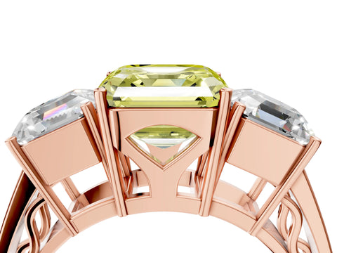 Rose gold Fancy Yellow Asscher Cut Diamond Three-Stone Ring with Prong Setting and Textured Band_4