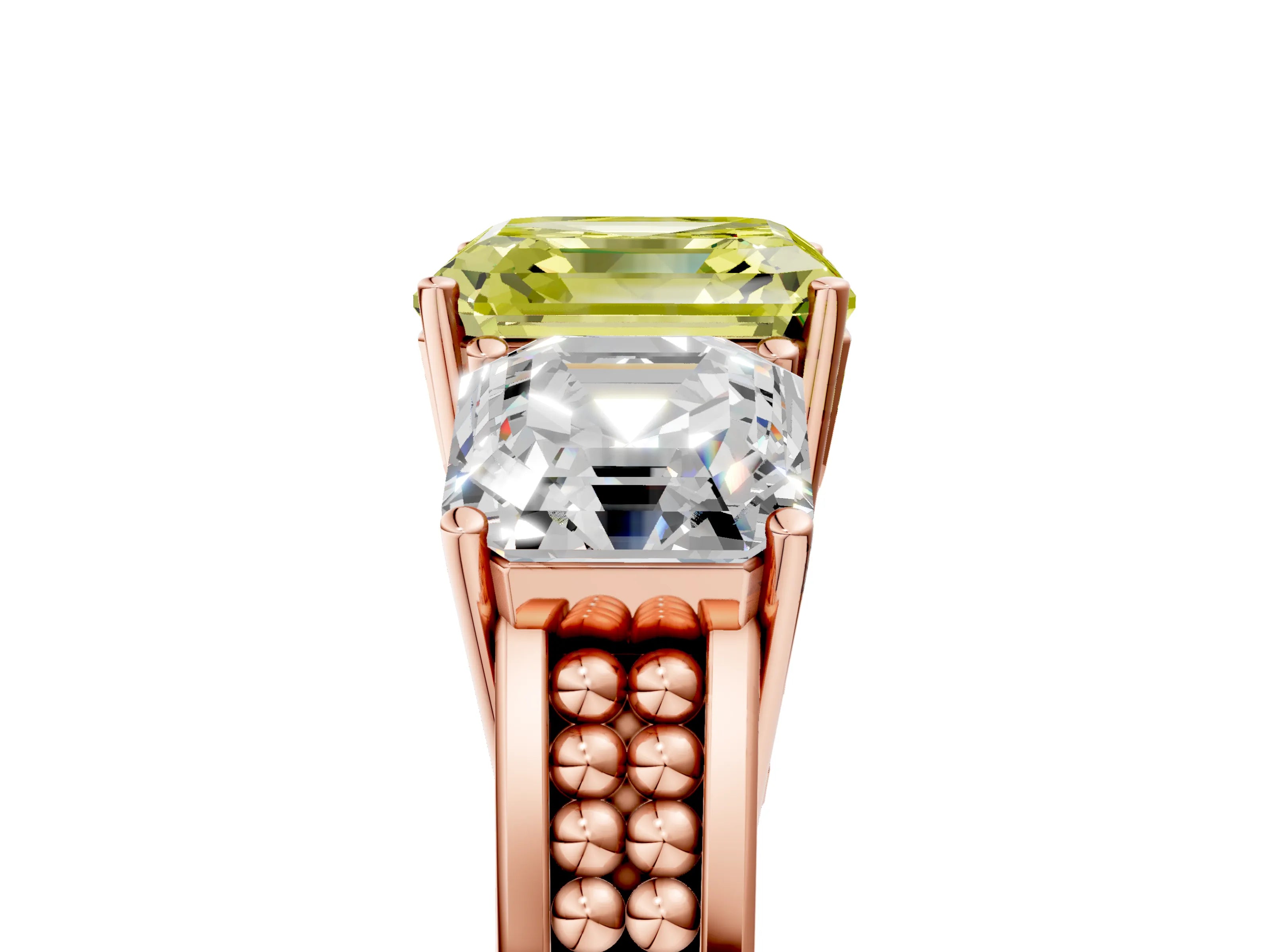 Rose gold Fancy Yellow Asscher Cut Diamond Three-Stone Ring with Prong Setting and Textured Band_5