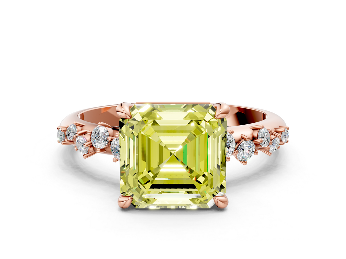 Rose gold Fancy Yellow Asscher  Cut Diamond Vine Band with Four-Prong Setting