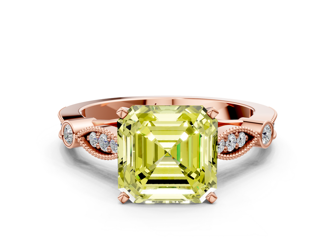 Rose gold Fancy Yellow Asscher  Cut Diamond with Milgrain Marquise and Bezel Accents on a Solitaire Band with Prong Setting_17