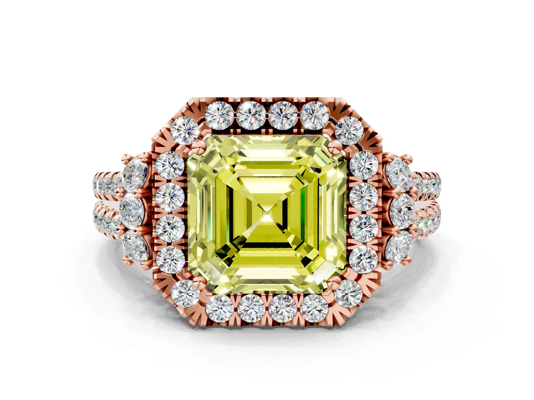 Rose gold Fancy Yellow Asscher  Cut Double Halo Diamond Engagement Ring with Pave Band and Four-Prong Setting