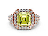 Rose gold Fancy Yellow Asscher  Cut Double Halo Diamond Engagement Ring with Pave Band and Four-Prong Setting