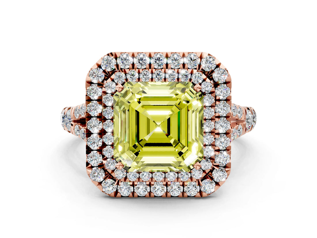 Rose gold Fancy Yellow Asscher  Cut Double Halo Split Shank Diamond Ring with Prong Setting_46