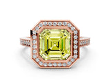 Rose gold Fancy Yellow Asscher Cut Halo Bezel Diamond Pave Band Ring