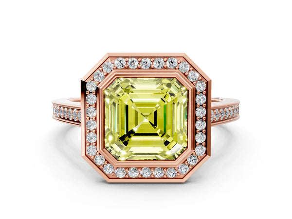 Rose gold Fancy Yellow Asscher Cut Halo Bezel Diamond Pave Band Ring