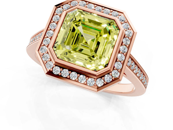 Rose gold Fancy Yellow Asscher Cut Halo Bezel Diamond Pave Band Ring