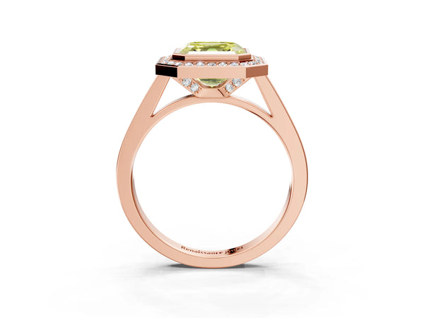 Rose gold Fancy Yellow Asscher Cut Halo Bezel Diamond Pave Band Ring
