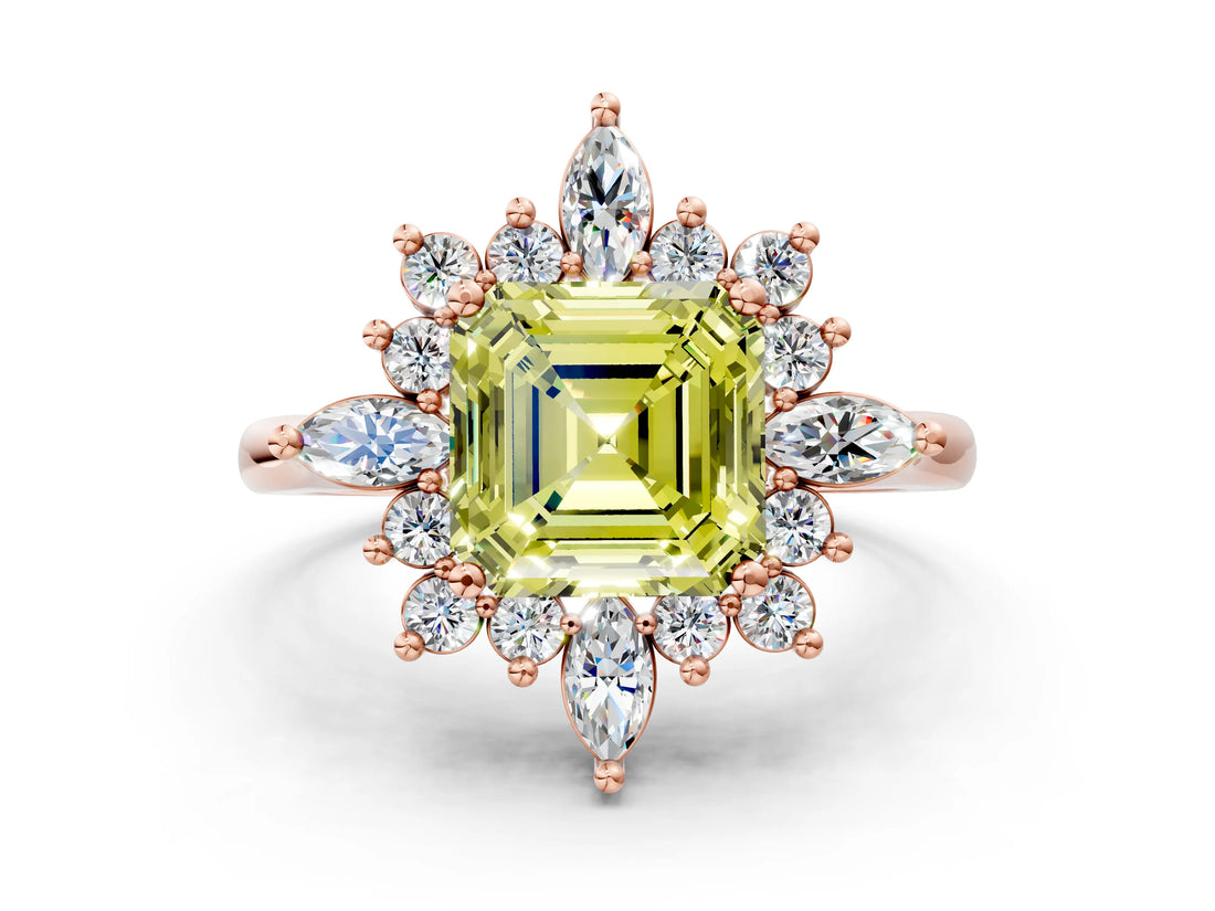 Rose gold Fancy Yellow Asscher Cut Halo Diamond Cluster Ring with Marquise and Round Stones on a White Gold Band with Prong Setting
