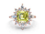Rose gold Fancy Yellow Asscher Cut Halo Diamond Cluster Ring with Marquise and Round Stones on a White Gold Band with Prong Setting