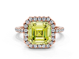 Rose gold Fancy Yellow Asscher  Cut Halo Diamond Engagement Ring with Pave Band and Four-Prong Setting