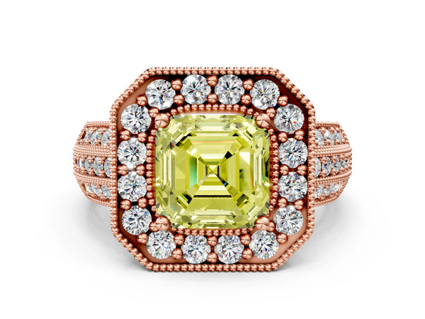 Rose gold Fancy Yellow Asscher Cut Halo Diamond Engagement Ring with Pave Split Shank and Four-Prong Setting