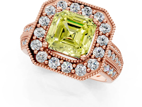 Rose gold Fancy Yellow Asscher Cut Halo Diamond Engagement Ring with Pave Split Shank and Four-Prong Setting