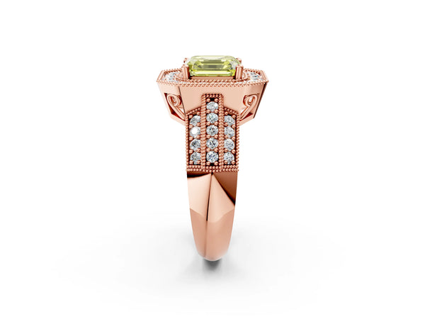 Rose gold Fancy Yellow Asscher Cut Halo Diamond Engagement Ring with Pave Split Shank and Four-Prong Setting