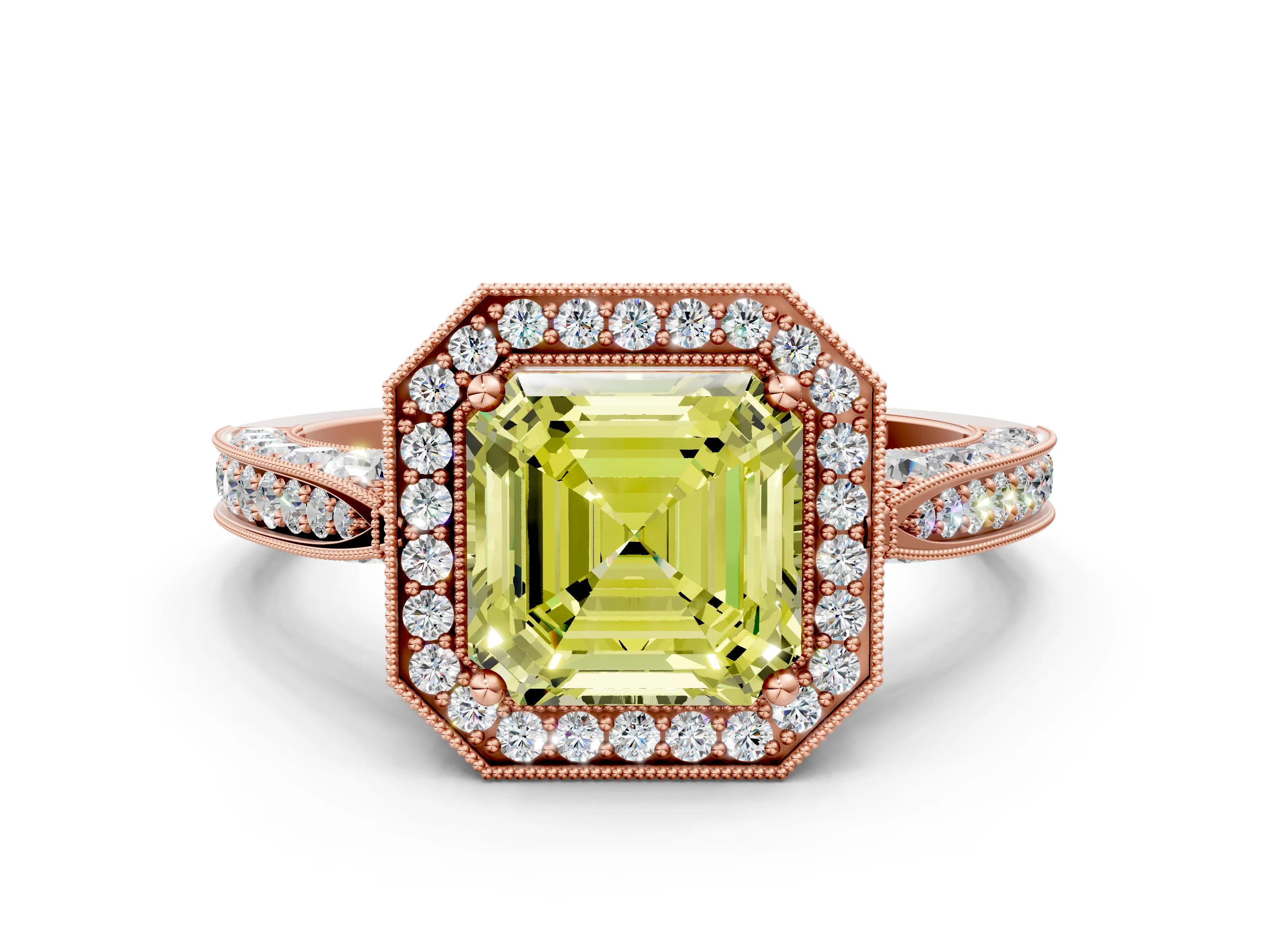 Rose gold Fancy Yellow Asscher Cut Halo Diamond Engagement Ring with Split Shank Band and Four-Prong Setting