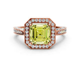 Rose gold Fancy Yellow Asscher Cut Halo Diamond Engagement Ring with Split Shank Band and Four-Prong Setting