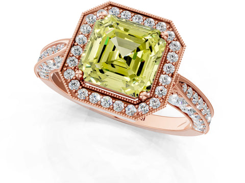 Rose gold Fancy Yellow Asscher Cut Halo Diamond Engagement Ring with Split Shank Band and Four-Prong Setting_1