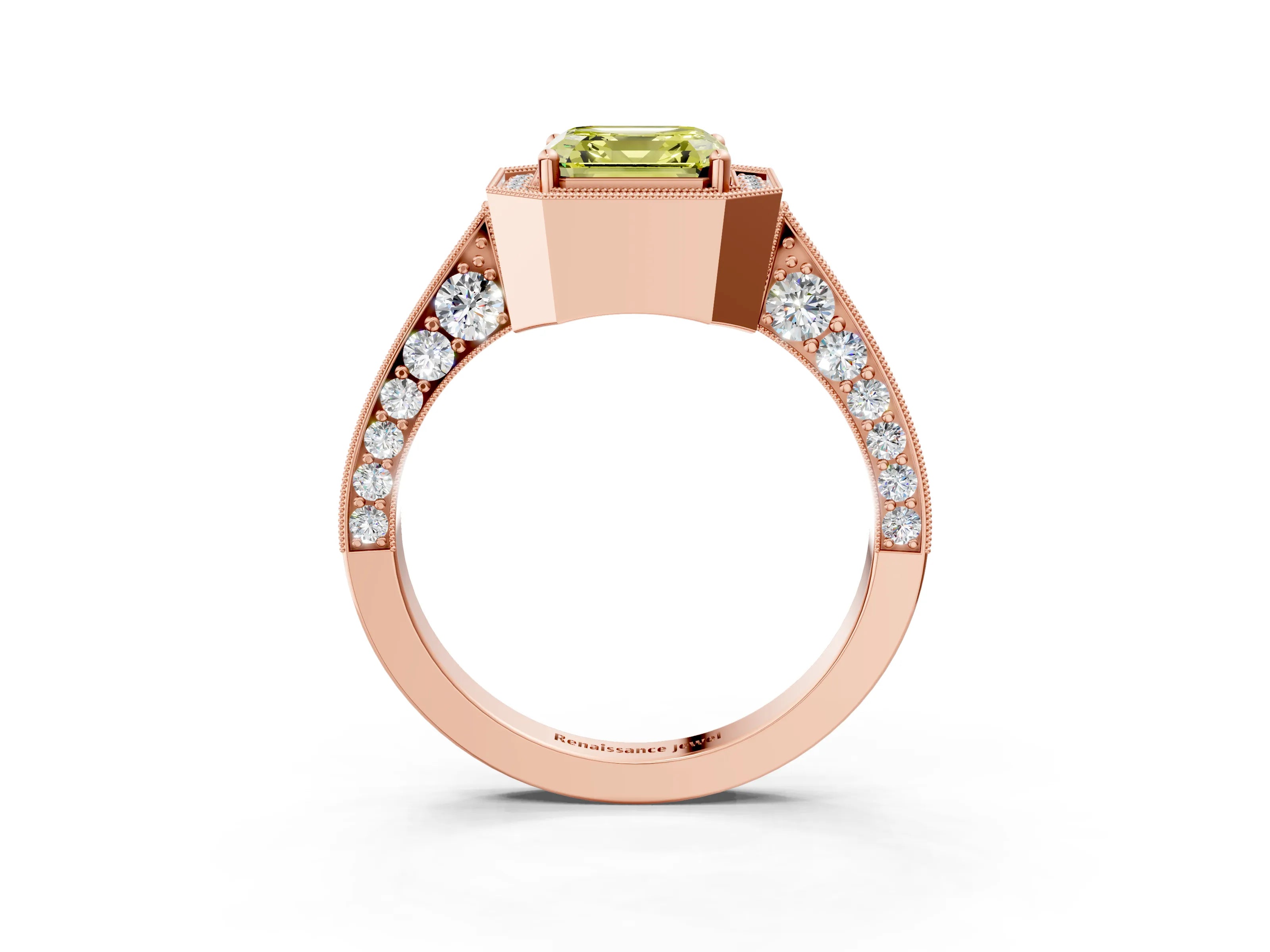Rose gold Fancy Yellow Asscher Cut Halo Diamond Engagement Ring with Split Shank Band and Four-Prong Setting_3