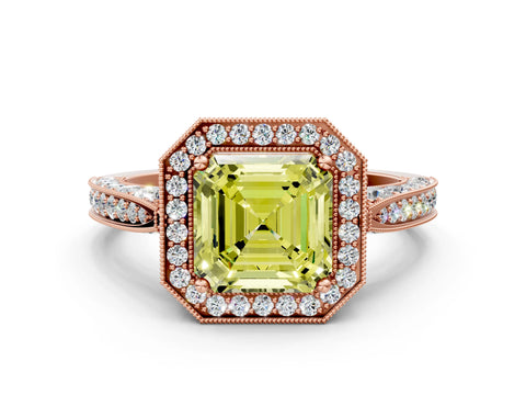 Rose gold Fancy Yellow Asscher Cut Halo Diamond Engagement Ring with Split Shank Band and Four-Prong Setting