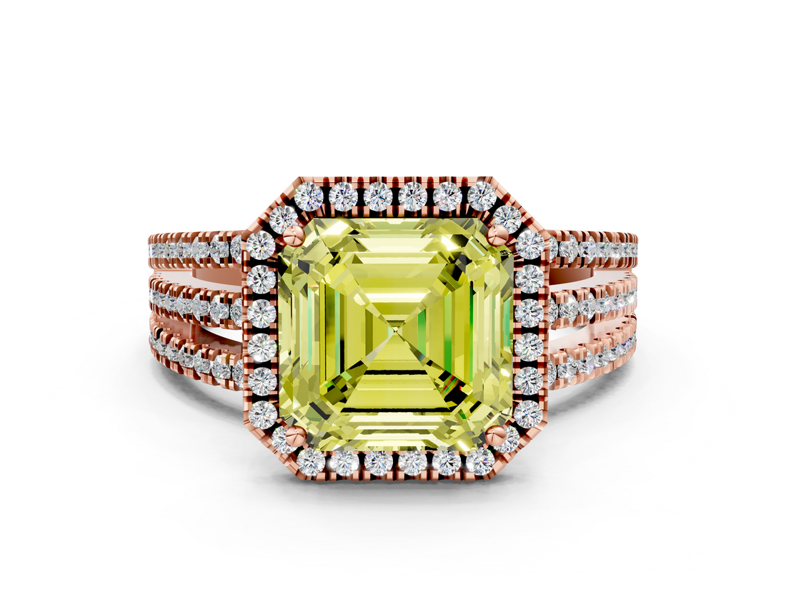 Rose gold Fancy Yellow Asscher  Cut Halo Diamond Engagement Ring with Split Shank and Four-Prong Setting_34
