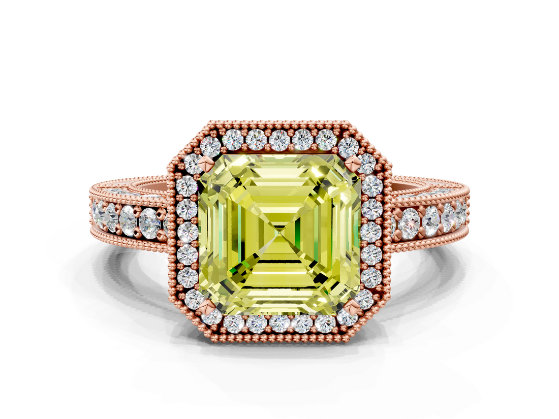 Rose gold Fancy Yellow Asscher  Cut Halo Diamond Pave Band Ring with Four-Prong Setting
