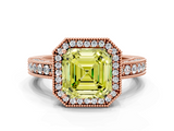 Rose gold Fancy Yellow Asscher  Cut Halo Diamond Pave Band Ring with Four-Prong Setting