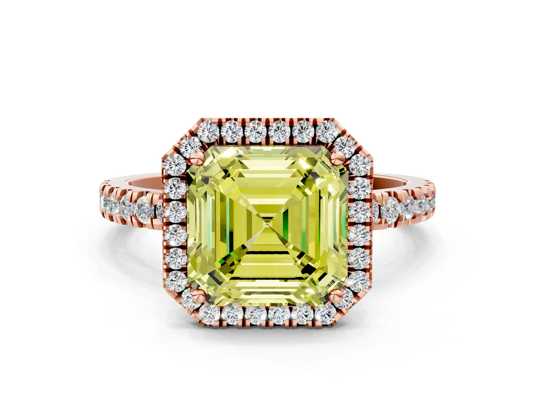 Rose gold Fancy Yellow Asscher Cut Halo Diamond Pave Band with Prong Setting