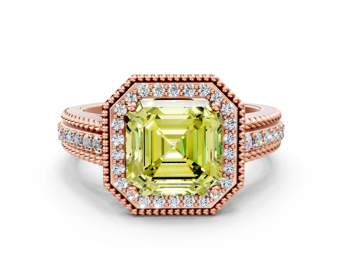 Rose gold Fancy Yellow Asscher Cut Halo Diamond Ring with Beaded Split Shank and Four-Prong Setting