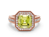 Rose gold Fancy Yellow Asscher Cut Halo Diamond Ring with Beaded Split Shank and Four-Prong Setting