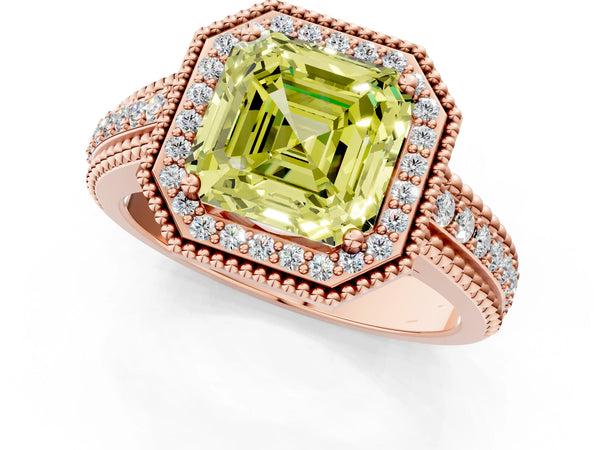 Rose Gold Asscher Cut Beaded Halo Engagement Ring Setting for Fancy Yellow Center with Pave