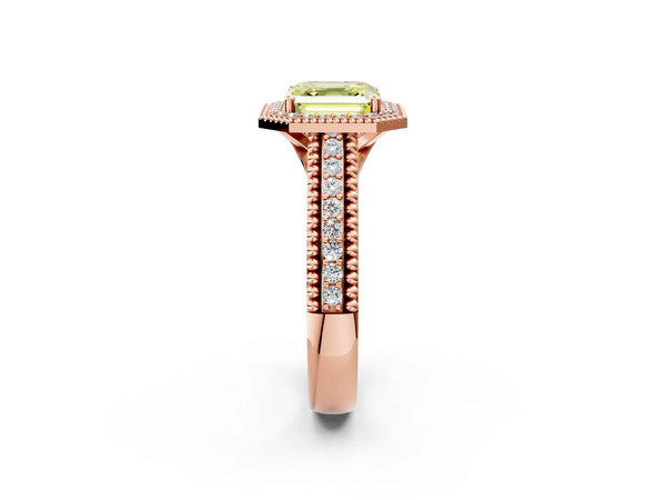 Rose Gold Asscher Cut Beaded Halo Engagement Ring Setting for Fancy Yellow Center with Pave